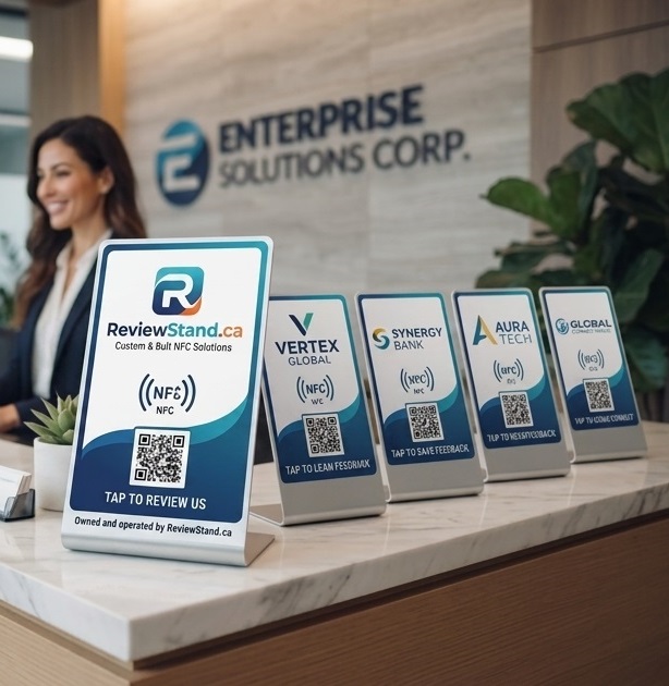 A row of custom-branded ReviewStand units for different client companies on an enterprise reception desk