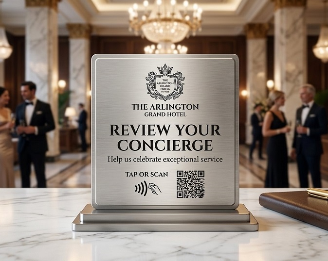 Custom Metal ReviewStand with brushed metal finish and custom hotel branding