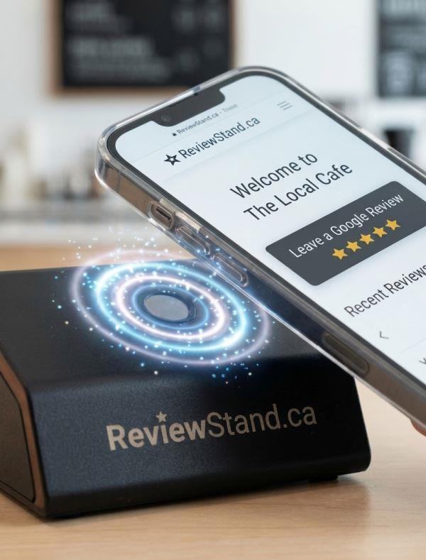 A phone tapping a ReviewStand.ca NFC device, opening a review page for The Local Cafe