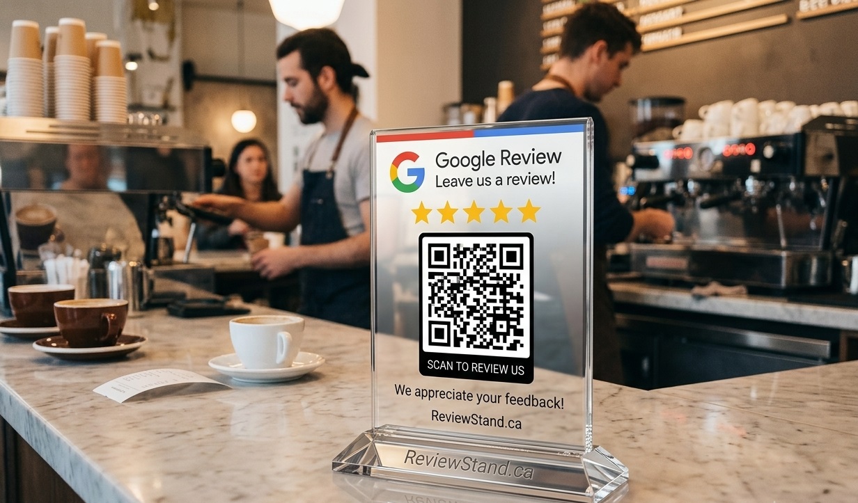 Real ReviewStand.ca stand at a client business