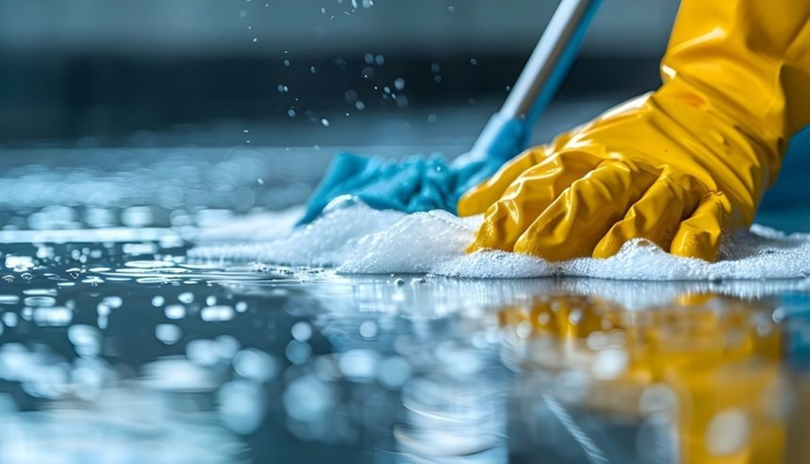 A cleaner wearing gloves cleaning a floor