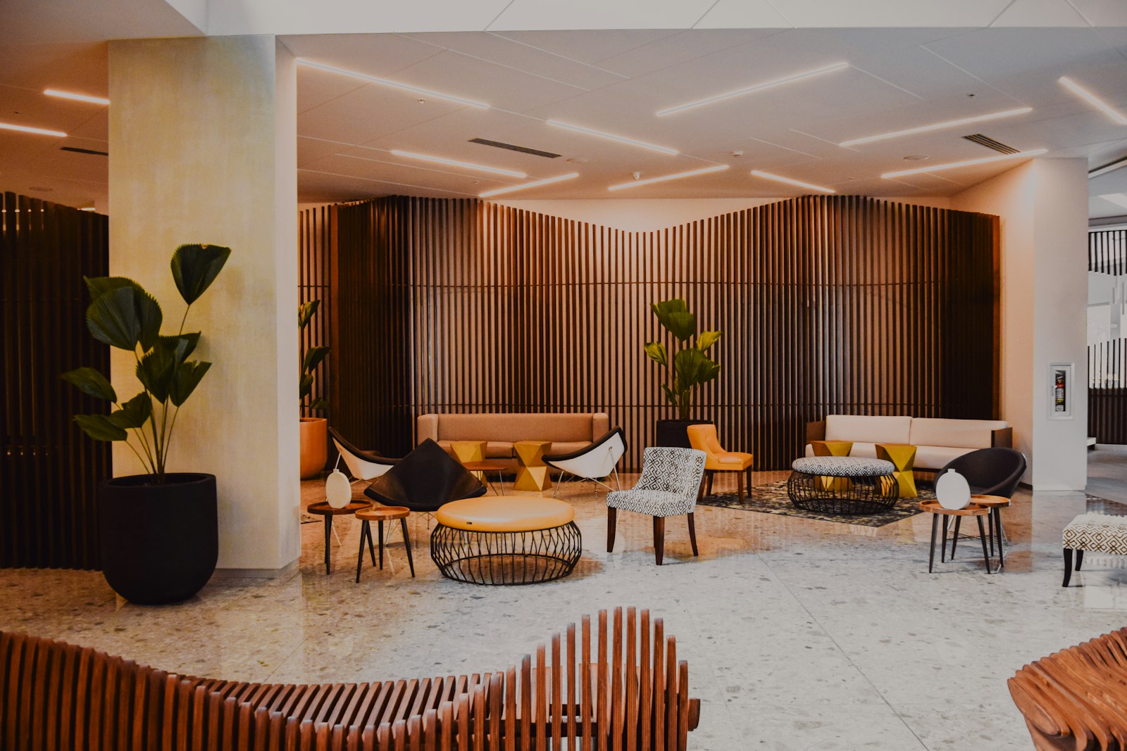 Elegant hotel lobby with modern lighting