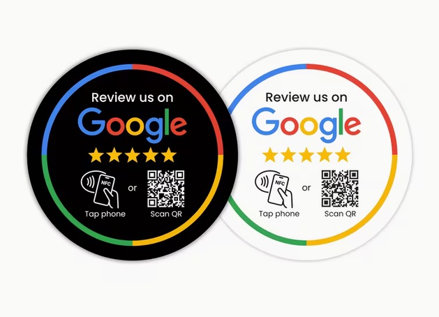 Black and white round tap-to-review plates with Google review branding