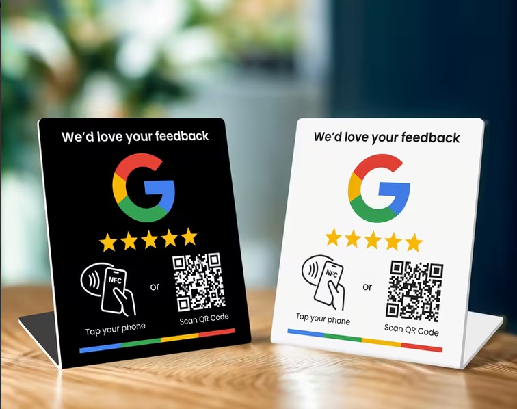 Black and white ReviewStand finishes side by side, showing custom branding options